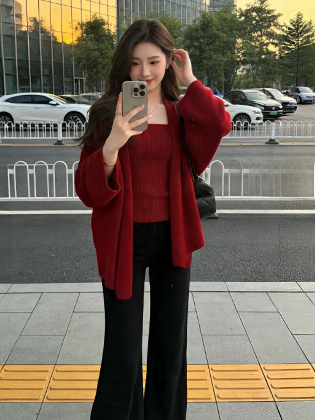 

Retro Gentle Red Open Cardigan Tube Top Two-Piece Set Spring New Year's Faion Casual Workwear High Waist Elastic Cotton