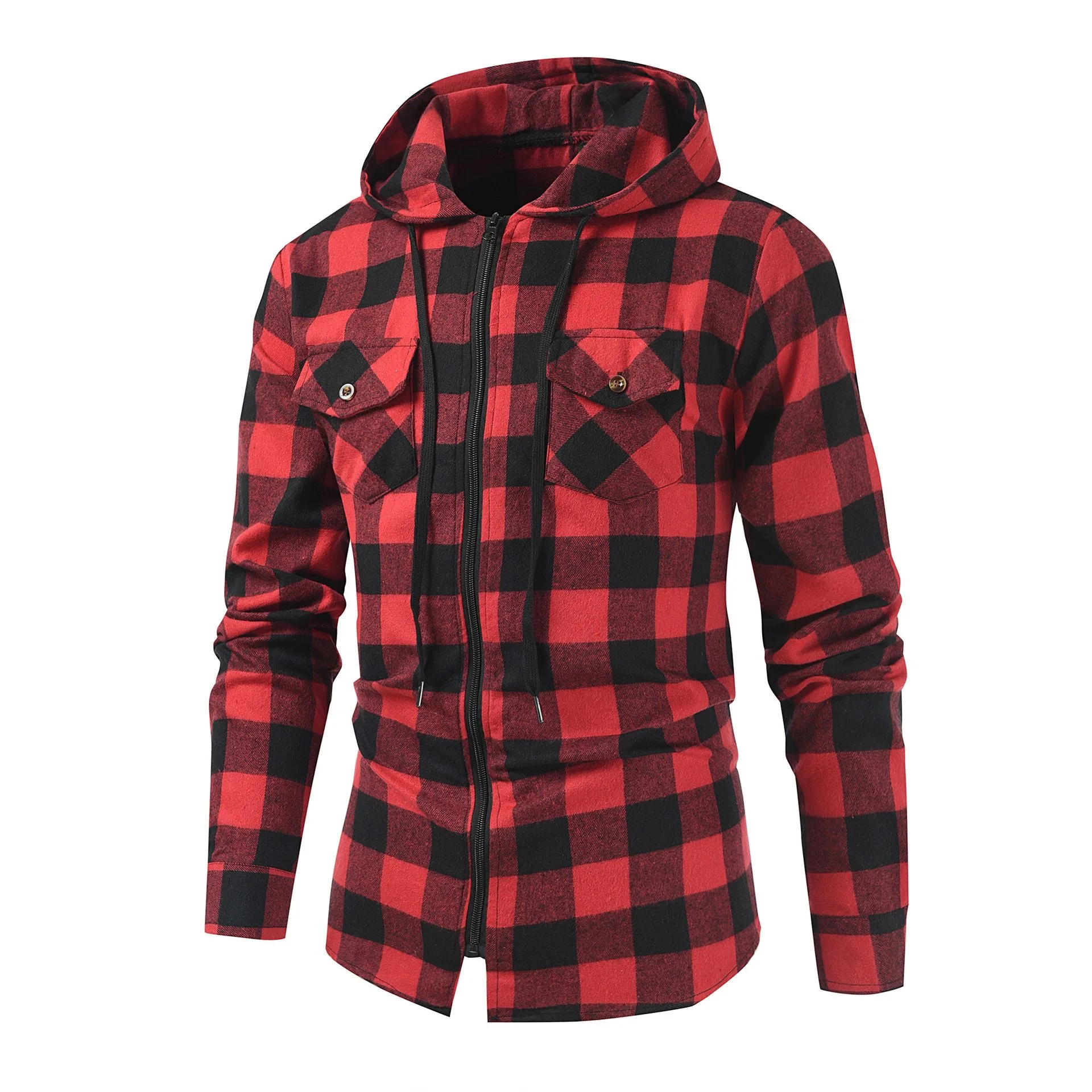 2024 Spring and Autumn Fashion Trend Plaid Hooded Shirt Men\'s Casual Relaxed Comfortable Sports Large Size Long-Sleeved Shirt