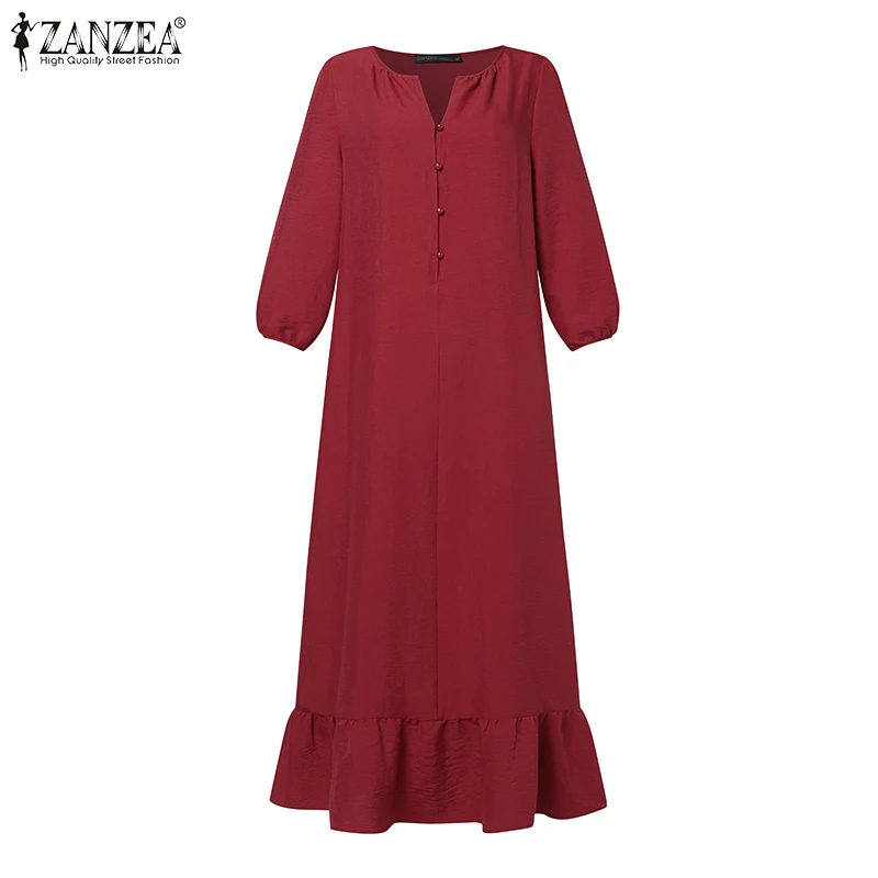 2026 ZANZEA Elegantes Damen V-Ausschnitt 3/4-Ärmel Sommerkleid Frühling Einfarbig Rüschensaum Midi-Kleid Lässiges Urlaubskleid Einfarbige Robe Femme
