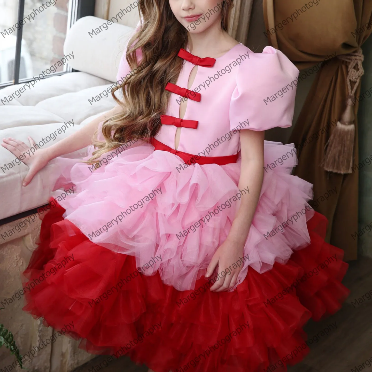 New Design Puffy Mesh Flower Girl Dresses Cute Bow Satin Mini Tutu Kids Brithday Party Dress Mix Color Tulle New Year Gowns