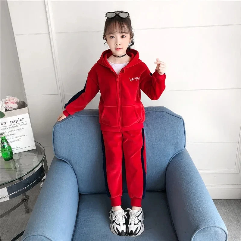 Girls Velvet Sweatshirts 2 Piece Sets Hooded Zipper Jackets + Kids Elastic Waist Jogger Pants Outfit Casual Children Tracksuit