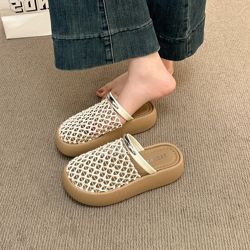 2026 Summer New Women French Fishnet Closed Toe Half Slippers, Hollow Weave High Sense Outdoor Fashion Cool Shoes