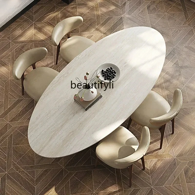 

French retro travertine rock slab dining table oval designer medium and ancient style home dining table