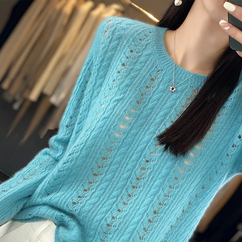 Autumn/Winter New 100% Pure Wool Sweater Casual Solid Color Knit Blouse Round Neck Hollow Tops Loose Fashion Ladies Pullover