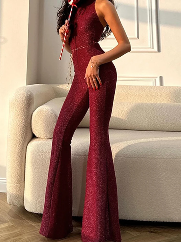 Elegant Sleeveless Slim Glitter Playsuits Overalls New Pure Color Skinny Rompers Sexy Off Shoulder High Waist Wide Leg Jumpsuits