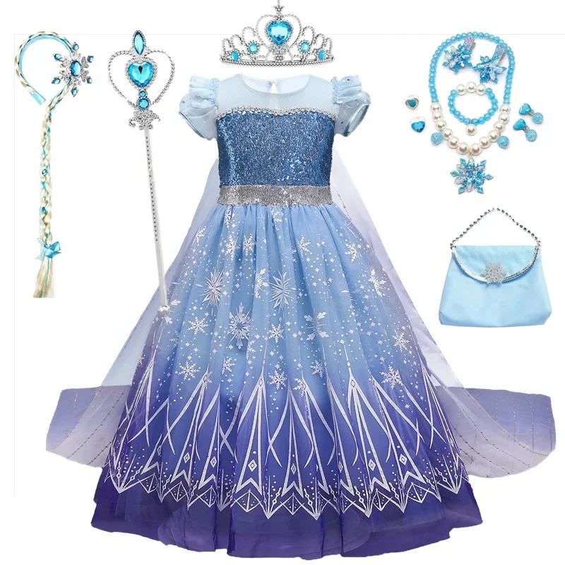 Girls Elsa Cosplay Princess Costumes Frozen Role Play Fancy Dress Up Kids Birthday Party Clothes Sequins Mesh Princess Prom Gown