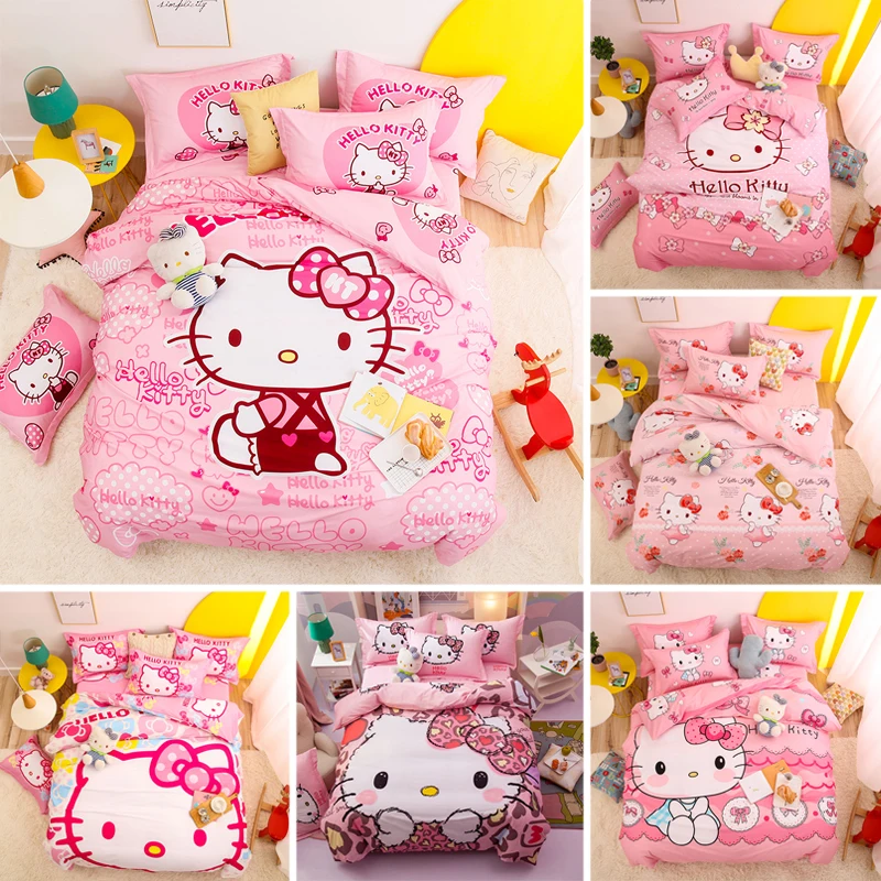 

Sanrio Hello kitty Pure Cotton Bedding Set Girls' Dormitory Sheet Duvet Cover Pillowcase Four Piece Set Bed Linens Home Textile