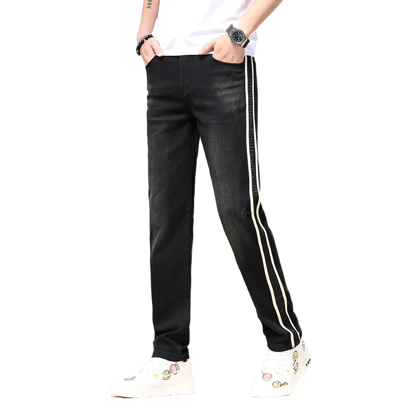 

Summer Thin Striped High-End Men's Straight Jeans Black Embroidered Stretch Loose-Fitting Wide-Leg Trouser2024Fashion Trend