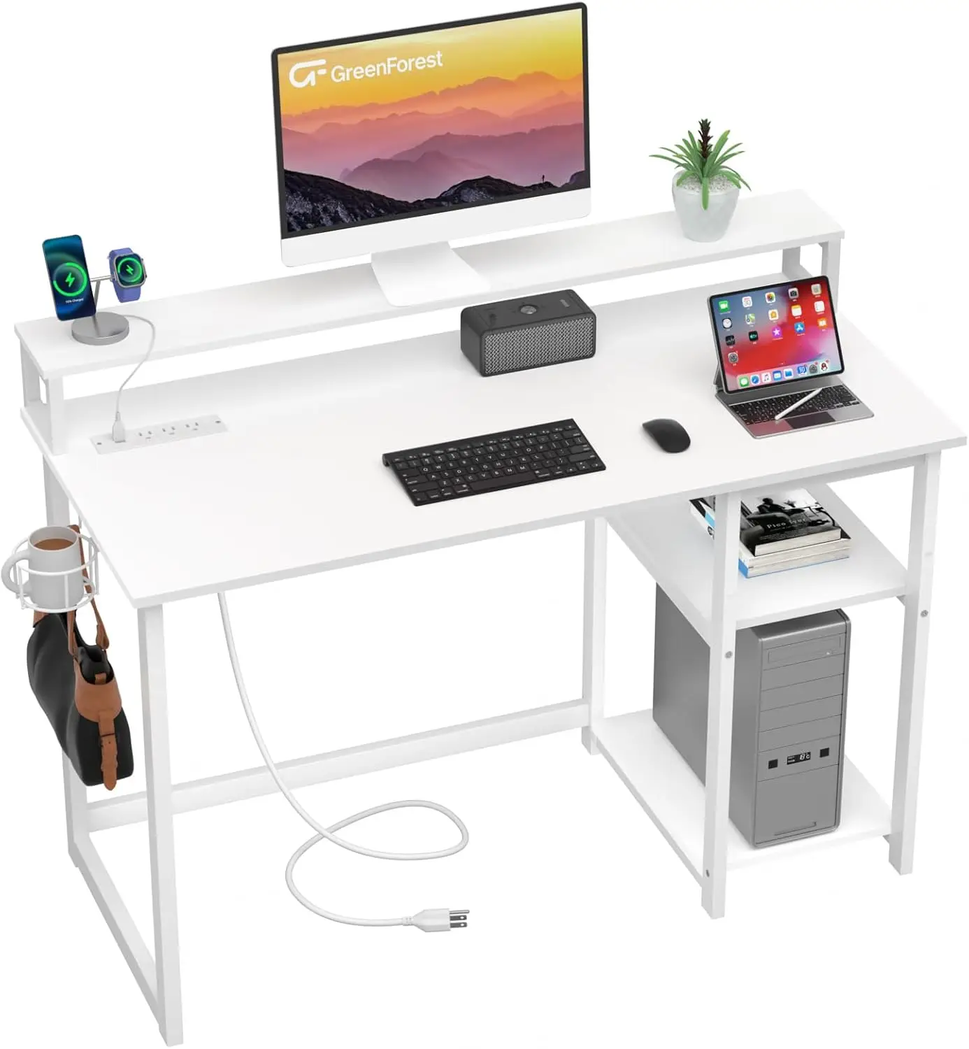 

40 inch Computer Desk with Power Outlets, Small Home Office Desk with Ergonomic Monitor Stand, Reversible Gaming Desk, Modern St