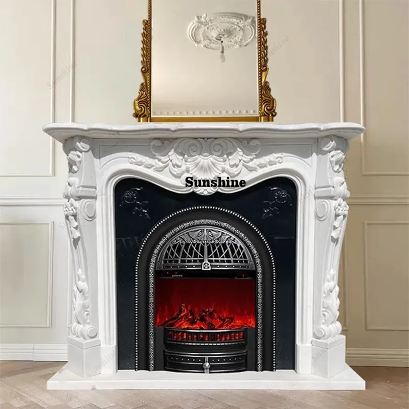 

Marble Large White Flower European Style Carved Fireplace Decoration French Villa Living Room Heating Light Luxury Ornament FT