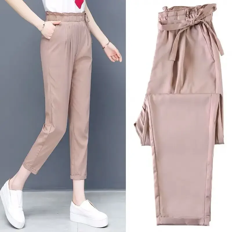 Summer New Pleated Lacing Harem Pants Elastic Waist Solid Color Loose All-match Casual Pants Vintage Fashion Women Clothing