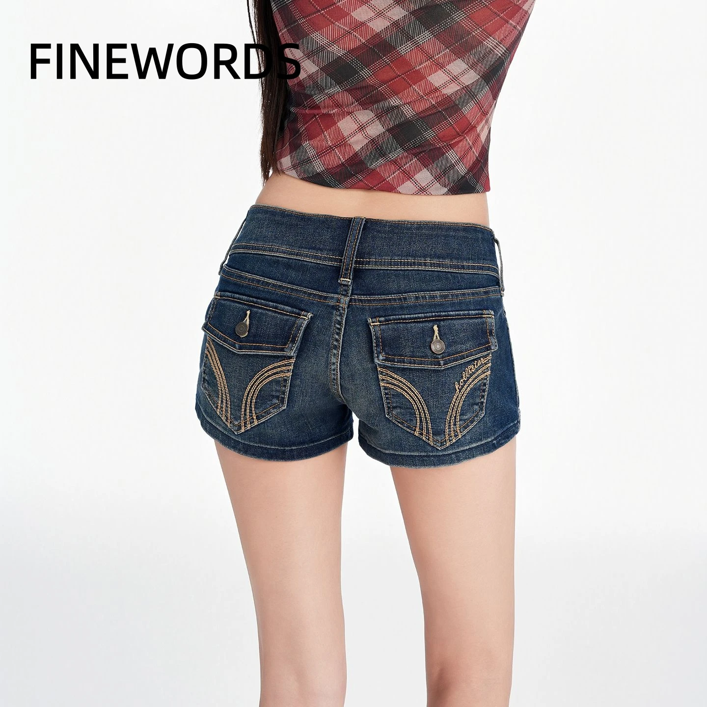 

FINEWORDS Summer Y2K Low Rise Denim Shorts Women Dark Blue Embroidered Back Pocket Short Jeans Slim Fit Sexy Hipster Hot Pants