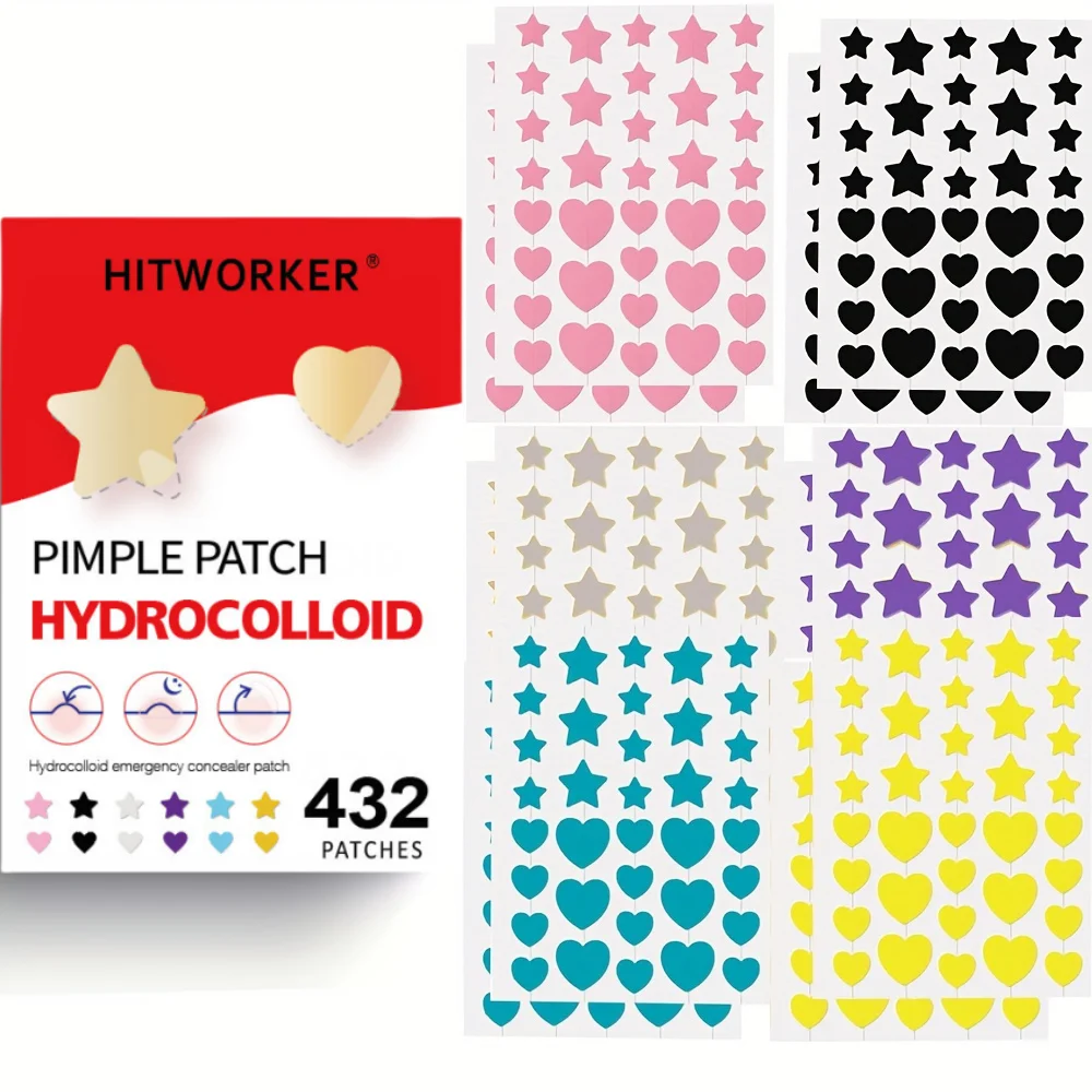 432 Patchs Hydrocolloïdes pour Boutons du Visage, Autocollants Colorés en Forme d'Étoile et de Cœur pour Couvrir les Imperfections, Patchs Faciaux de Formes Variées