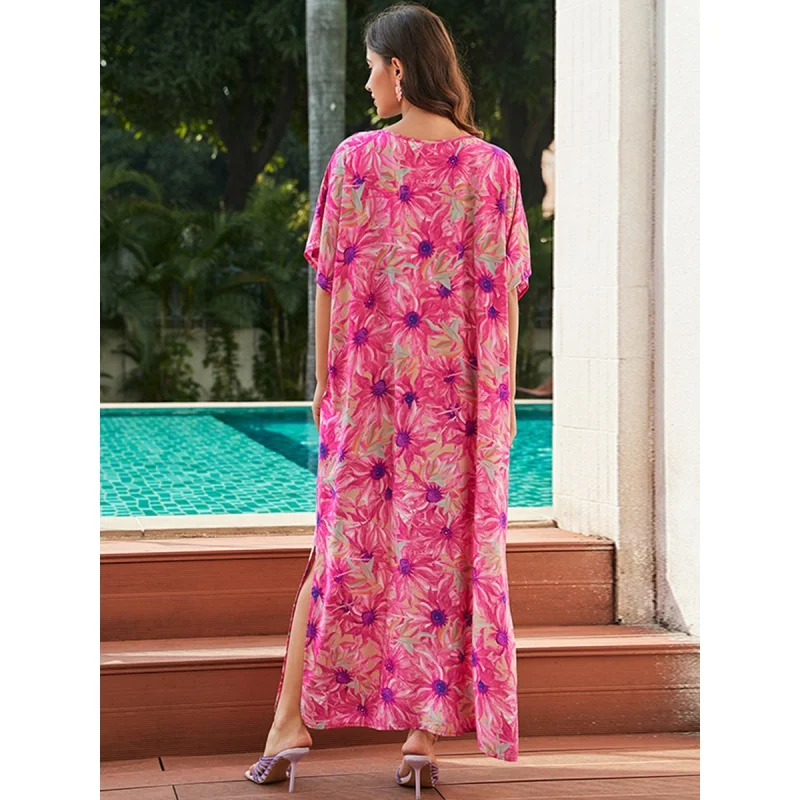 Bali Beach Kaftan Batik Tie Dye Print Long Dress Red Women Maxi Caftan Oversize Resortwear Seaside Party Gown Shapeless Cover Up
