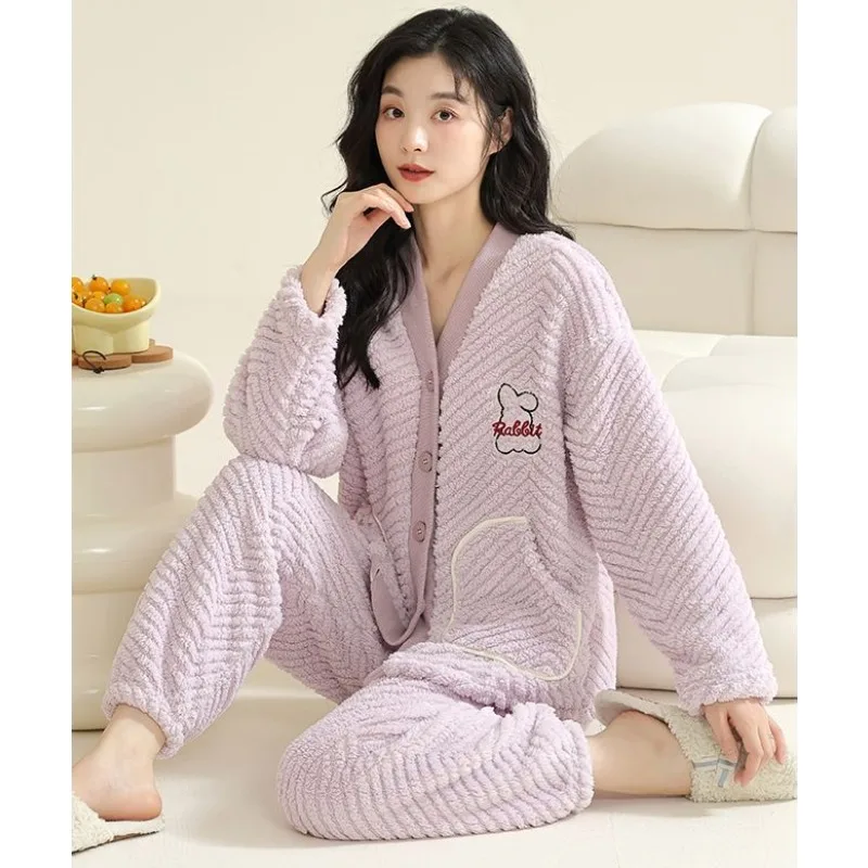 

2024 New Coral Velvet Pajamas Women Autumn Winter V-neck Sleepwear Flannel Jacquard Cute Student Homewear Dormitory Loungewear