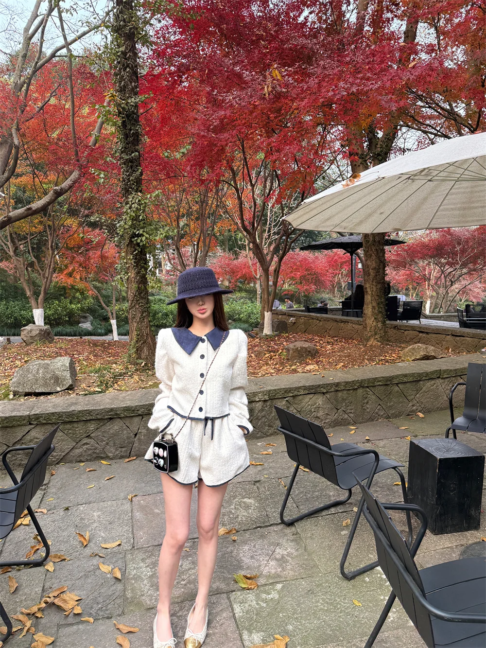 

Color Block Collar Long Sleeve Open Cardigan Jacket Women's Winter Fashion Set Casual Straight Leg Short Pants Two Piece Set