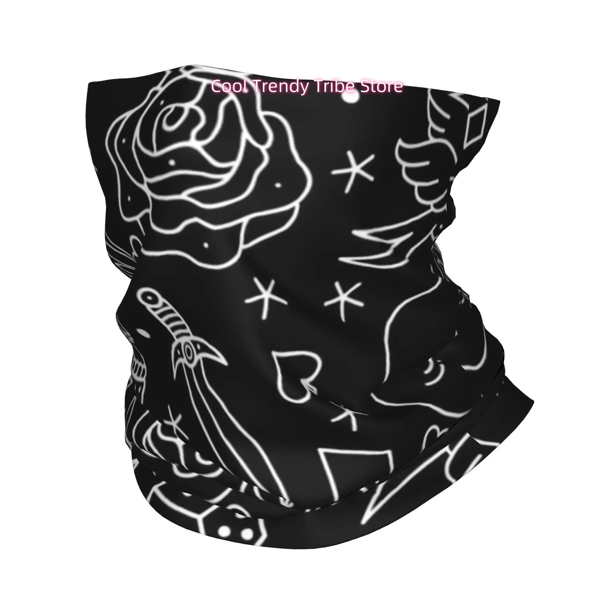 Line Retro Line Art Dark Element Diverse Collection Trendy Tattoo Style Novelty Head Scarf Bandana for Women Boho Floral Hair Wr