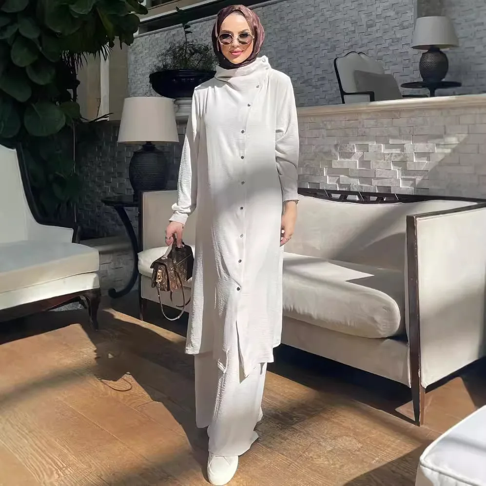 

Комплект из 2 предметов, женский мусульманский длинный кардиган, широкие брюки, костюм, однобортная верхняя одежда, Марокко, Дубай, исламская одежда, повседневный ансамбль