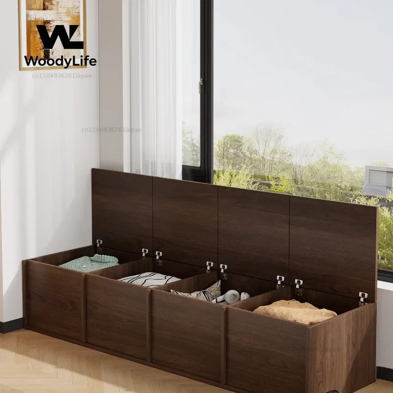 Solid Wood Bay Window Cabinet Household Retro Strip Sitting Floor Cabinet Integrated Wall Window Sill Sunscreen Storage Cabinet