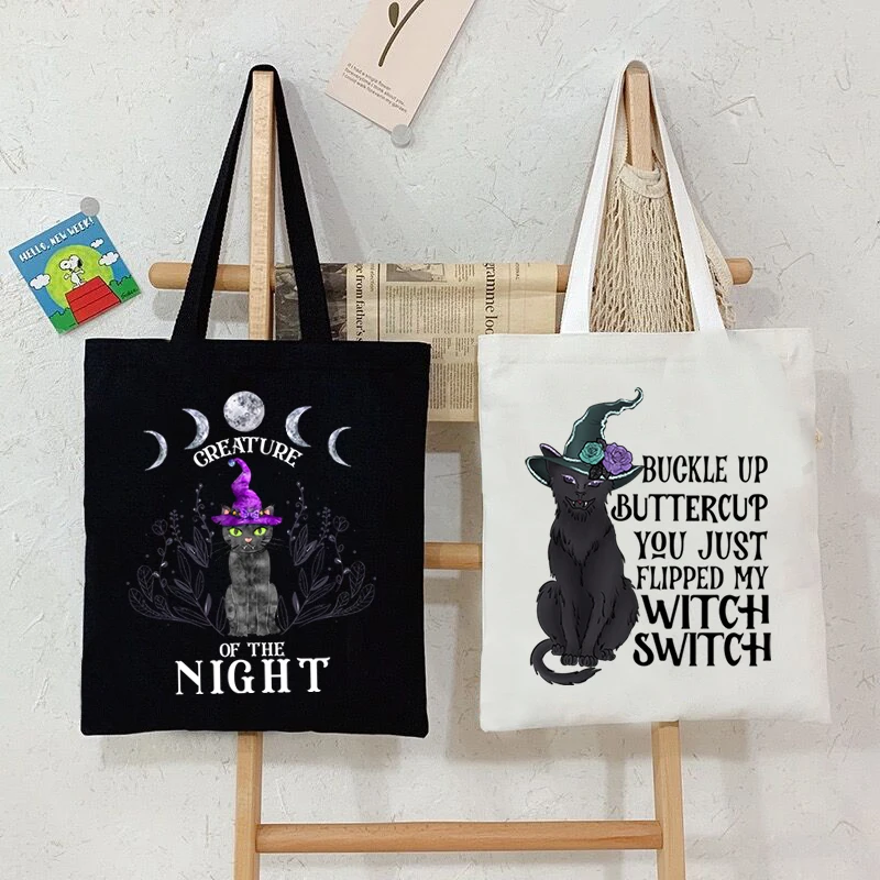 

Halloween Witch Cat Tote Bag Gothic Black Cat Shopper Halloween Party Gift Shopping Bag Spooky Season Funny Animal Women Handbag