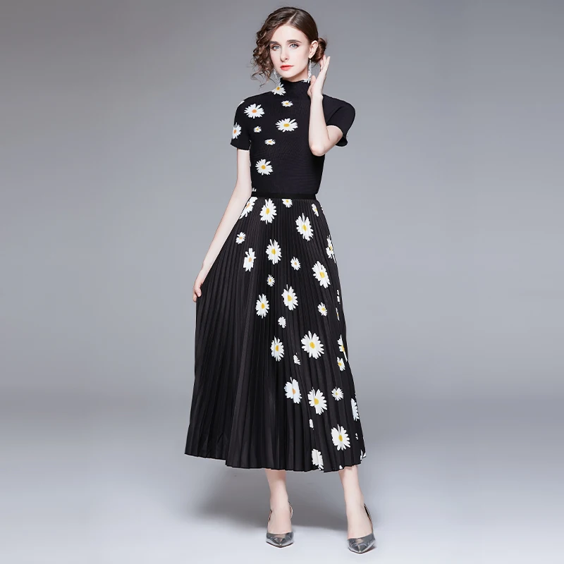 Elegant Summer Flower Two Piece Set Women Stand Collar Knitted BlueTops + Elastic Waist Floral Print Pleated Long Skirts Suits