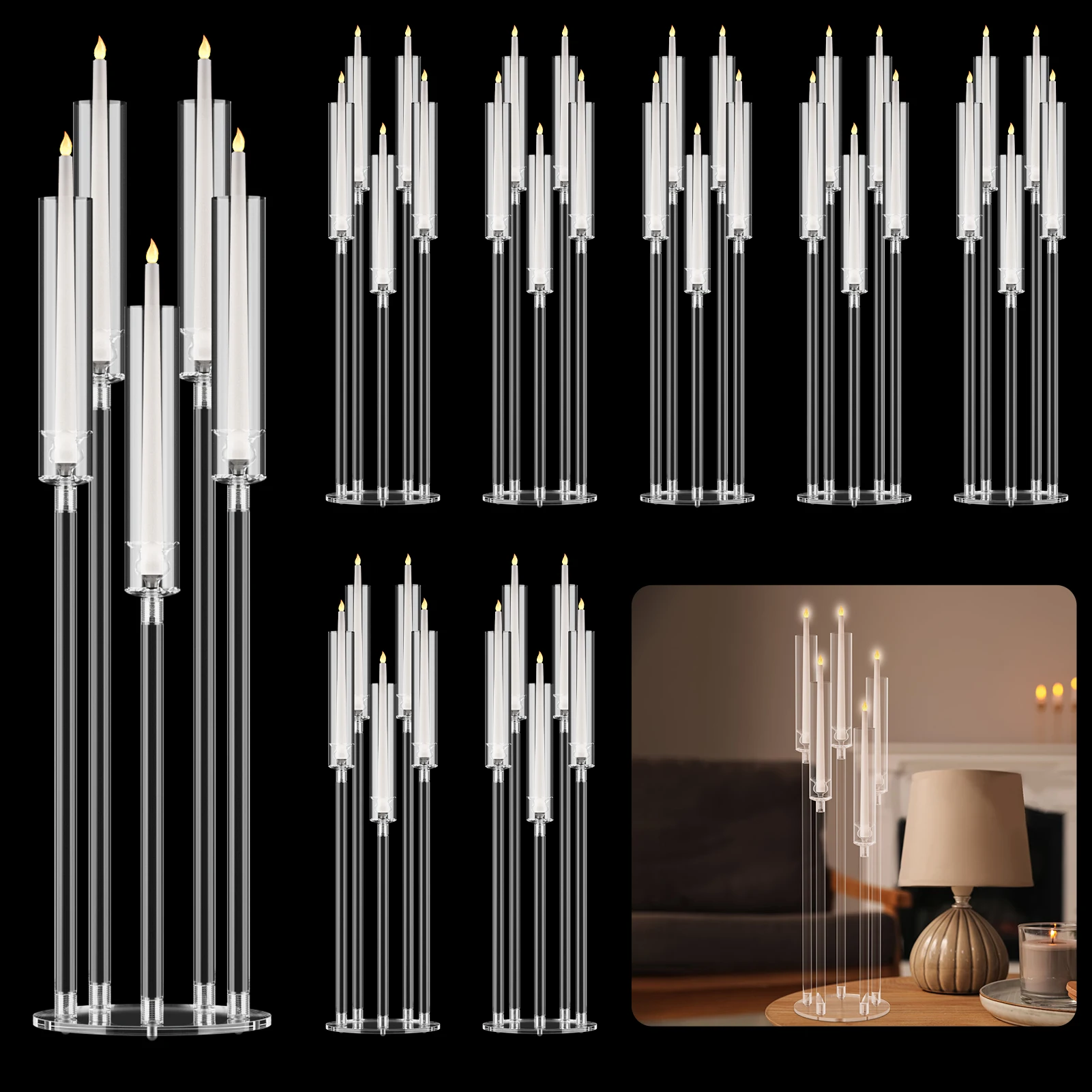 8pcs candle holder center decorations, high candle holder, transparent cone-shaped candle holder, 5-arm candle holder with lampshade, LED candle holder suitable for Wedding Dinner, family gathering，birthday party, festival decoration, without LED candle