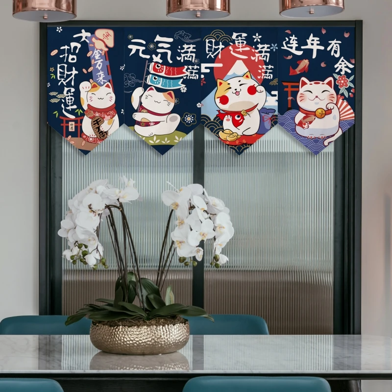 Japanese Lucky Cat Triangle Flag Short Curtain Bedroom Decoration Half Curtain Kitchen Curtain Sushi Restaurant Decor