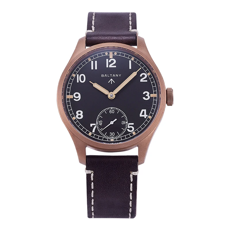 Baltany Men Pilot Watch 42mm Retro Bronze Manual Wind Mechanical Wristwatch Sapphire Waterproof Luminous ST3620 Titanium Back