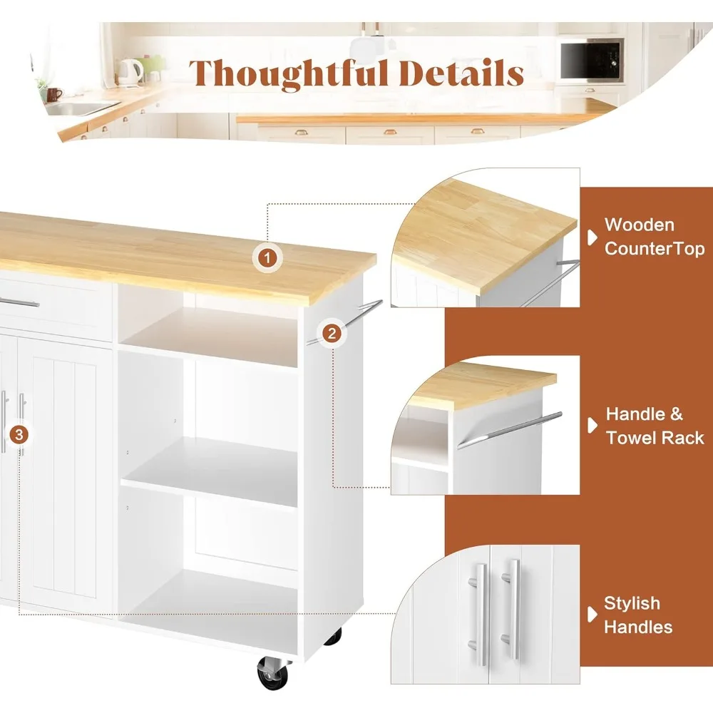 عربة جزيرة المطبخ مع خزانة أرفف للتخزين، عربة مطبخ متنقلة مع مقبض رف المناشف لتوظيفية محسنة #4