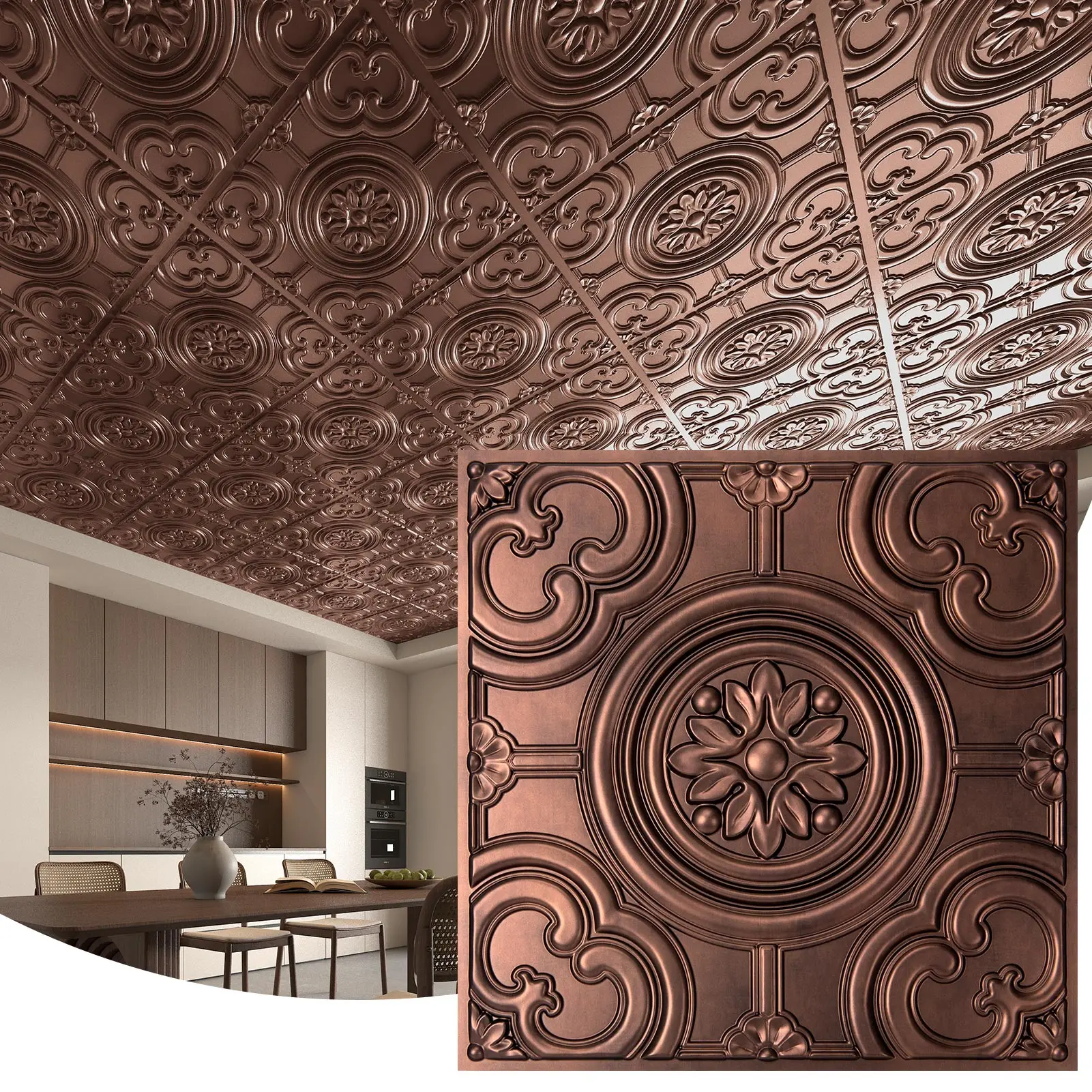 Art3d Paquete de 12 baldosas de techo de 24.0 x 24.0 in, paneles de techo adhesivos impermeables, azulejos de techo 3D de estilo vintage, decoración de techo