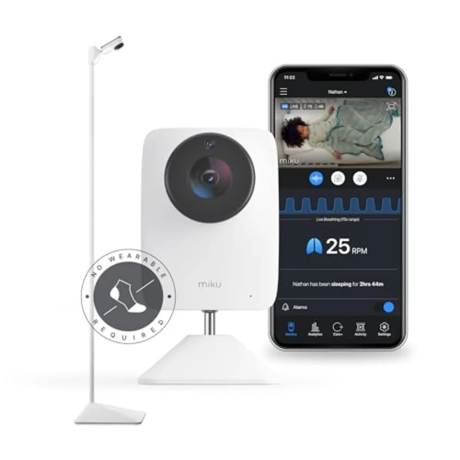 

Smart baby monitor for nursery use, ABS plastic body in white, non-wearable real-time breathing tracking with 1080p Wi-Fi video