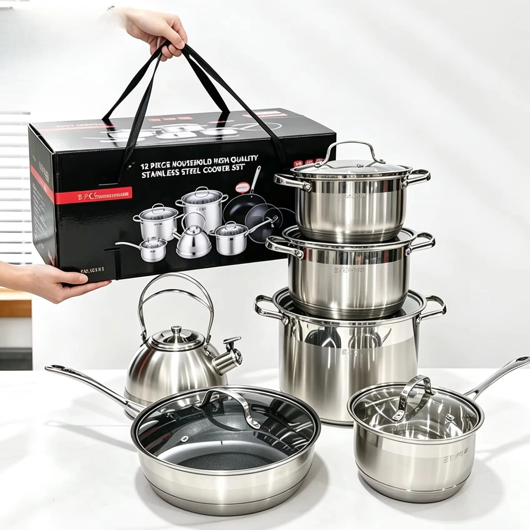 12Pcs Stainless Steel Cookware Set With Kettle 9-Ply Composite Bottom Pot Pan Kettle Complete Kitchen Cooking Set Gift Box
