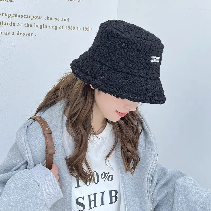 Winter Girl Boy Bucket Hat Cute Lamb Wool Letter Kids Fisherman Hat Solid Flat Top Hats Children Outdoor Thick Warm Sun Cap