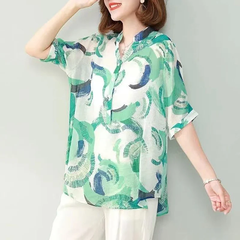 2023 Summer Simple Style Printed V Neck Short Sleeve Oversized Tunic Blouse Top Women Fashion Casual Street Shirts Blusas Mujer