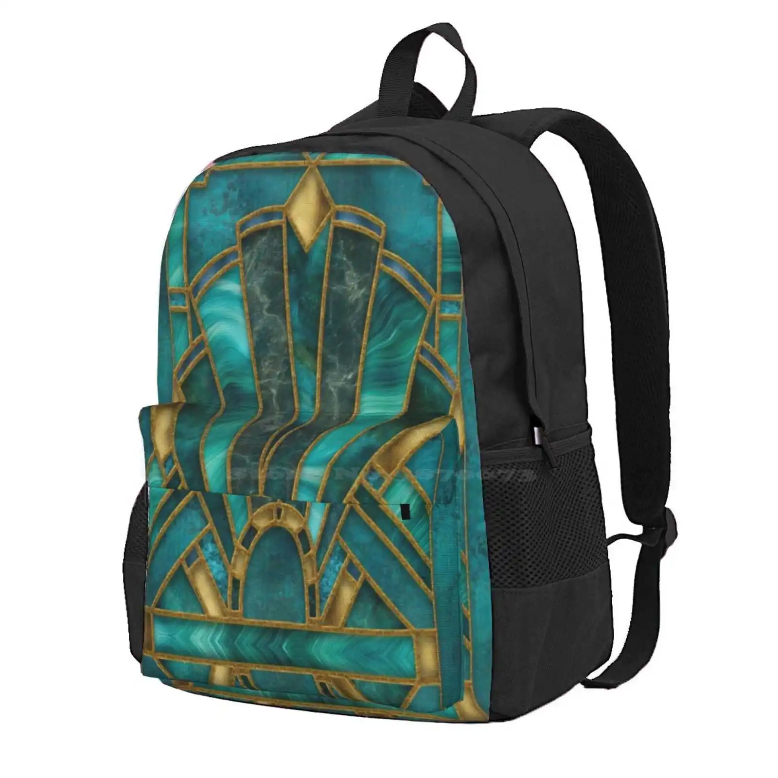 Elegant Stained Glass Art Deco Window With Marble And Gemstone Hot Sale Schoolbag Backpack Fashion Bags Art Teal Turquoise Gold