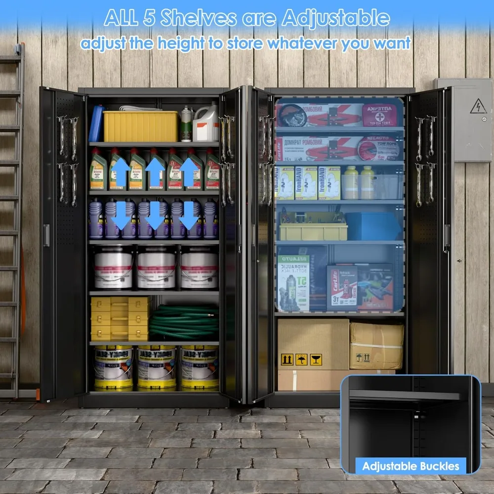 خزانة جراج معدنية مقاس 71 بوصة مع ألواح وخطافات، وخزانة تخزين الأدوات مع بابين و5 أرفف قابلة للتعديل للمكتب والمنزل،