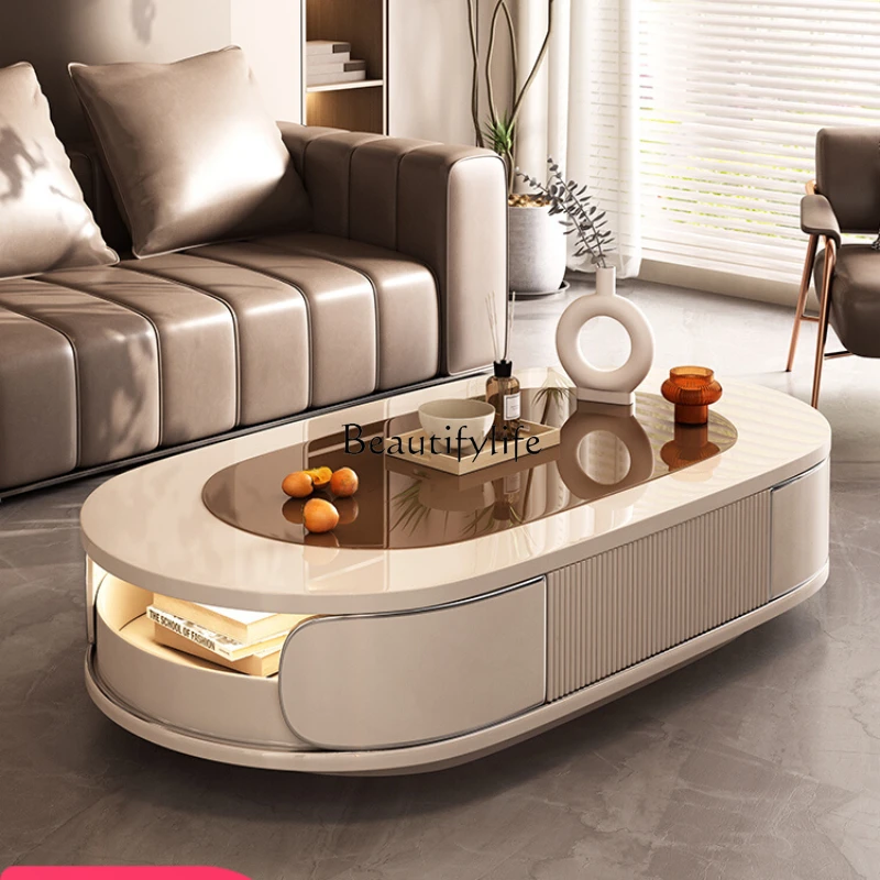 

Cream Tea Table Living Room Home Small Household Creative Glass Tea Table Advanced Light Luxury Oval New