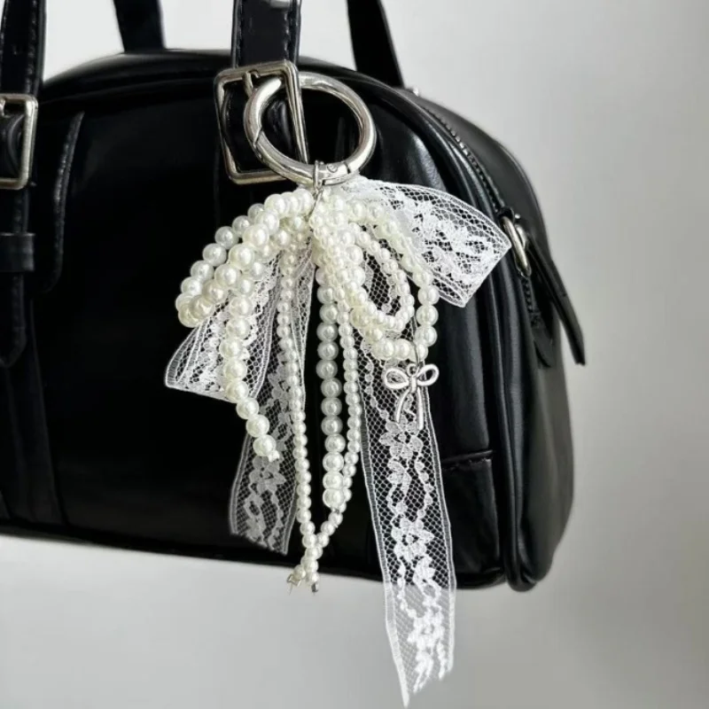 Imitation Pearls Lace Bowknot Keychain Sweet Beaded Pendant Keyring for Women Handbag and Backpack Key Chain Exquisite Ornament