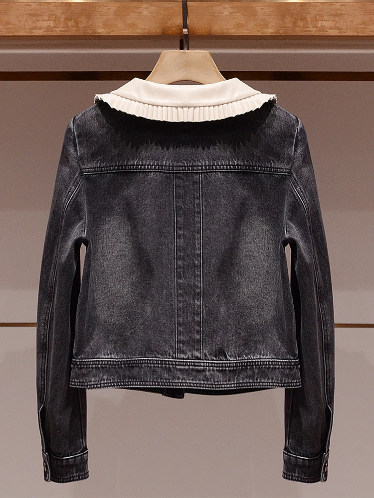 เสื้อแจ็คเก็ตยีนส์คอปกตุ๊กตา ดีไซน์เก๋ กระดุมเดี่ยว สไตล์สปริงใหม่ เสื้อคลุมผู้หญิงทรงตรง แขนยาว เหมาะสำหรับใส่ไปทำงาน