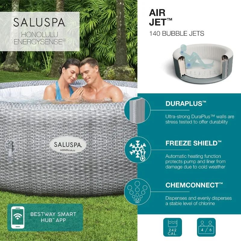 Honolulu 4 to 6 Person Inflatable Hot Tub, Round Energy-Efficient Portable Outdoor Spa with 140 AirJets, 77