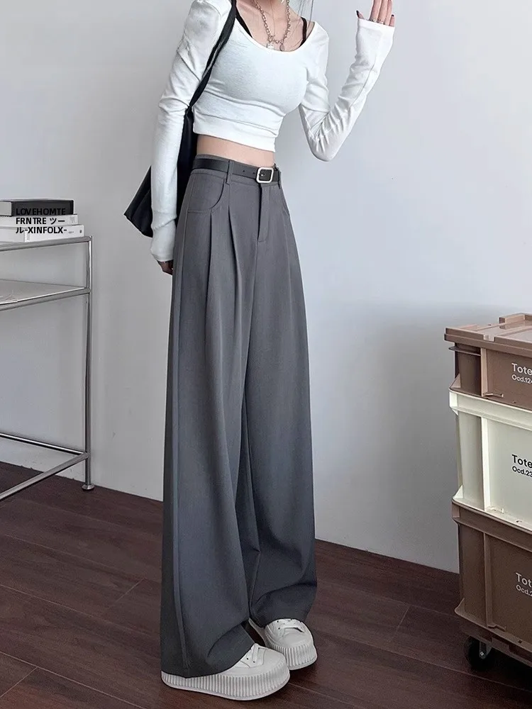 Gray High Waist Suit Wide Leg Pants Women Spring Summer 2024 New Loose Small Size Lazy Straight Leg Pants with Belt