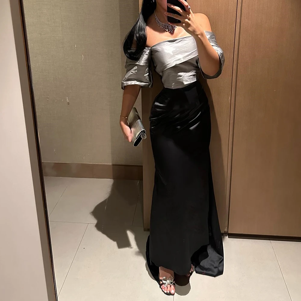 

Customized Satin Straight Off the Shoulder Evening Dress Strapless Floor Length Half Sleeves Panel Train Photo Color Modern