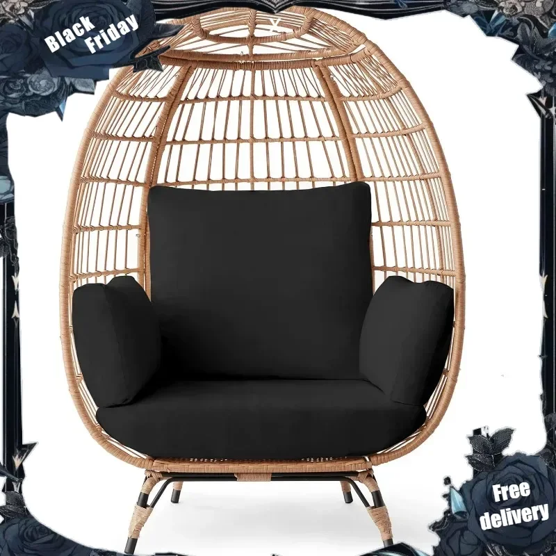 

Wicker Egg Chair, Oversized Indoor Outdoor Lounger for Patio, Backyard, Living Room w/ 4 Cushions, Steel Frame, 440lb Capacity