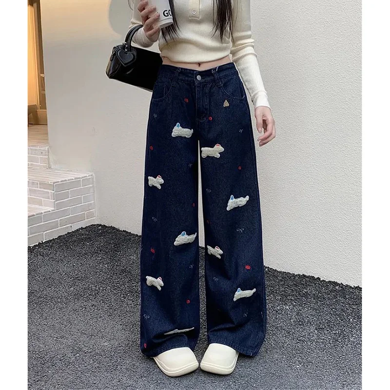

Girls Cute Puppy Printed High Waisted Jeans Pants Women Chic Retro Denim Pants Lady Baggy Straight Leg Jeans Trousers