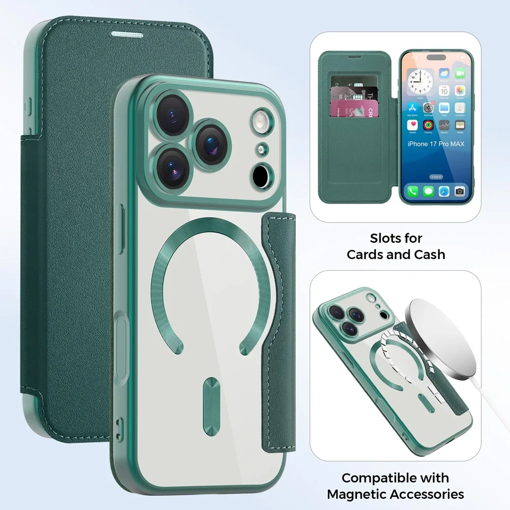 حافظة جلدية قابلة للطي لهاتف آيفون 17 Air 16 Pro Max 15 Pro max 14 Plus 13 PM 12 حامل بطاقة غطاء هاتف شحن لاسلكي مغناطيسي #6
