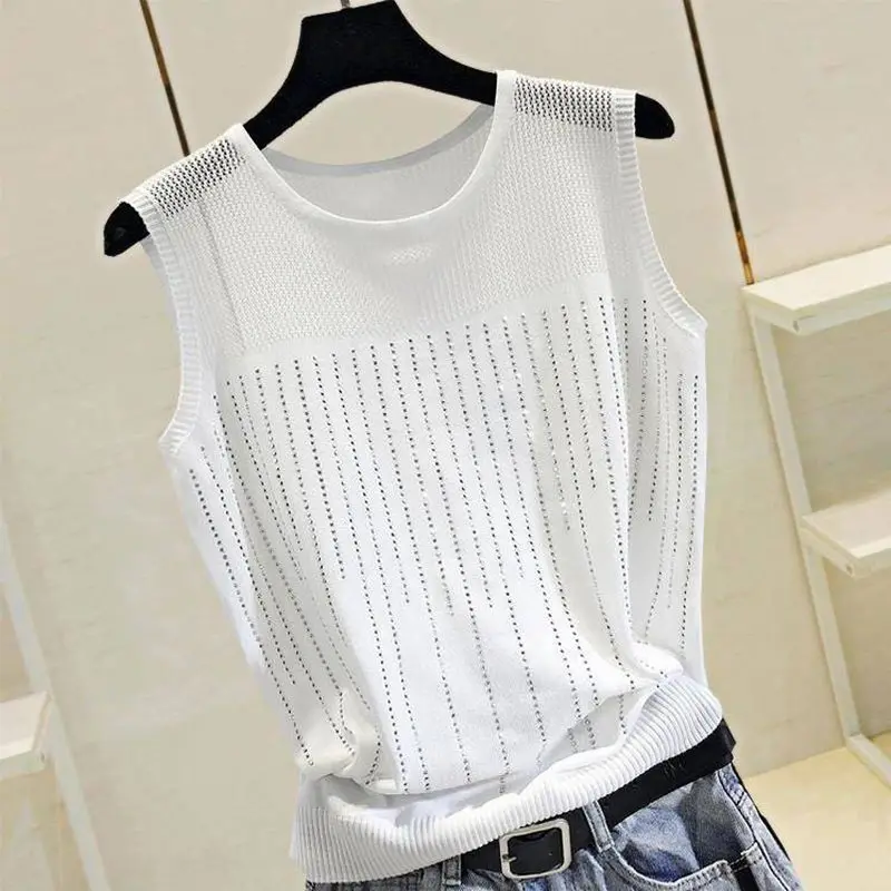 Summer Women Clothing Diamonds Tank Top Fashion Casual Round Neck Female Sleeveless Loose Thin Yellow Black White Knitted Vest