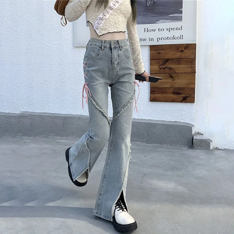 

Korea Style Tie-back Close-fitting Jeans For Women Spring Autumn Elastic Slit Women's Trousers High Waist Wide-leg Y2k Pants