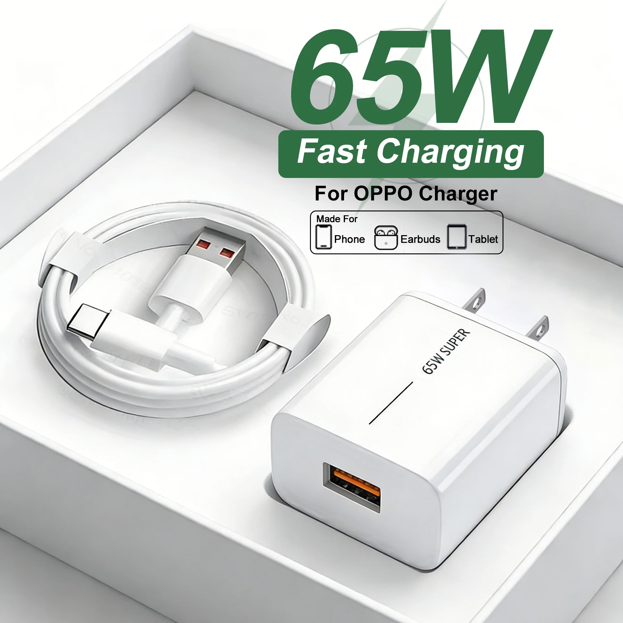 

Адаптер быстрой зарядки USB 65 Вт для OPPO Reno 13 12 11 Find X9 X8 Pro OnePlus 13, кабель для быстрой зарядки Type-C, зарядное устройство SuperVOOC для телефона