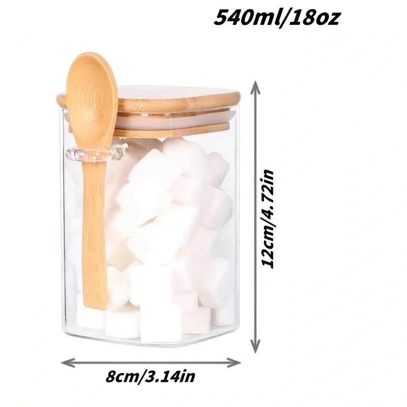 2/4Pcs 540ml Square Sealed Jars with Spoon Lids, Glass Canisters, High Borosilicate Glass Products, Transparent Glass Tea Jars with Bamboo Lids,