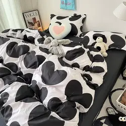 Korean Style Bedding Set Twin Full Queen Size Bed Linen Kids Adult Floral Bed Flat Sheet Pillowcase Black Love Heart Duvet Cover